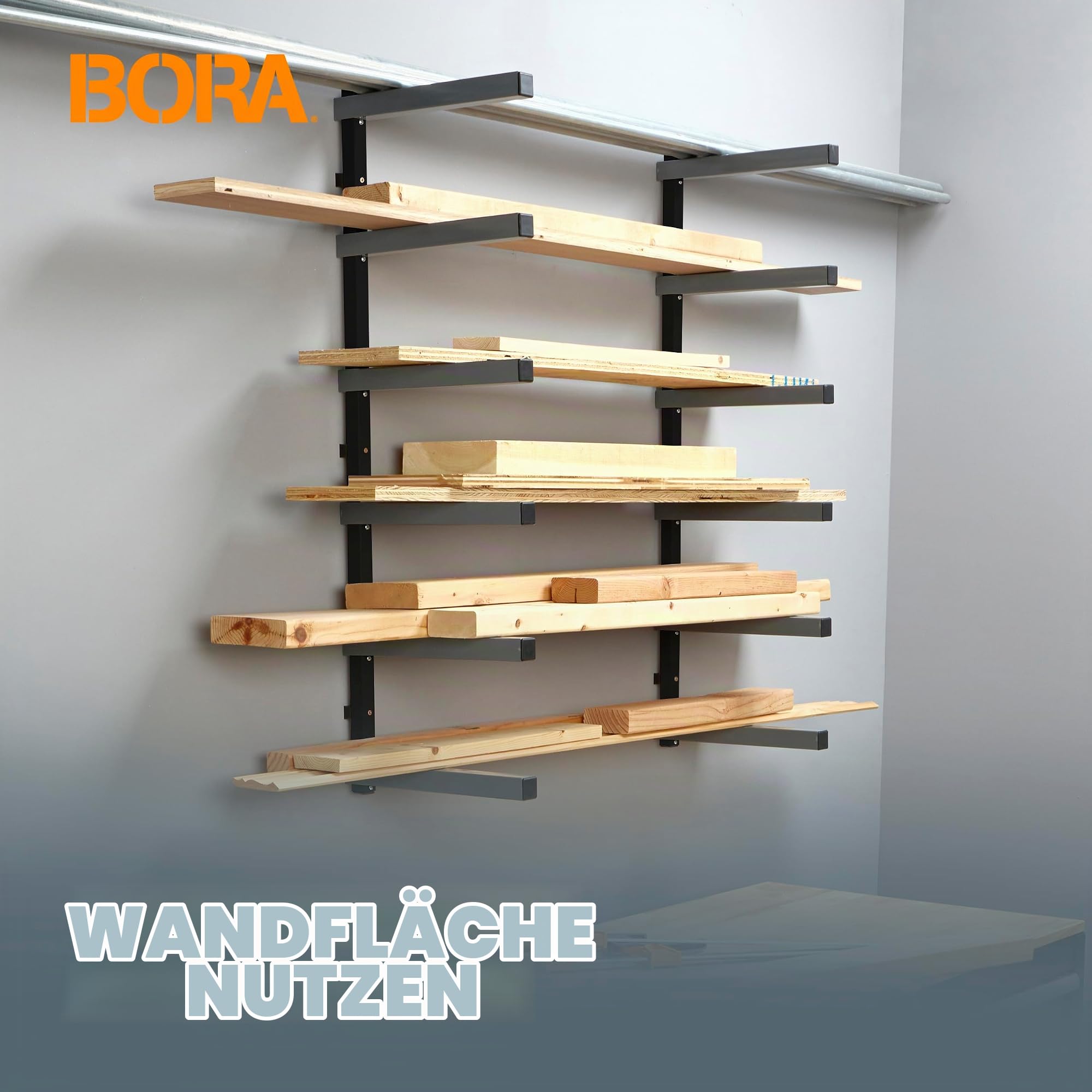 Bora Portamate PBR-006B Holzorganizer und Holzaufbewahrung, Metallregal mit 6 Ebenen, Wandhalterung für den Innen- und Außenbereich