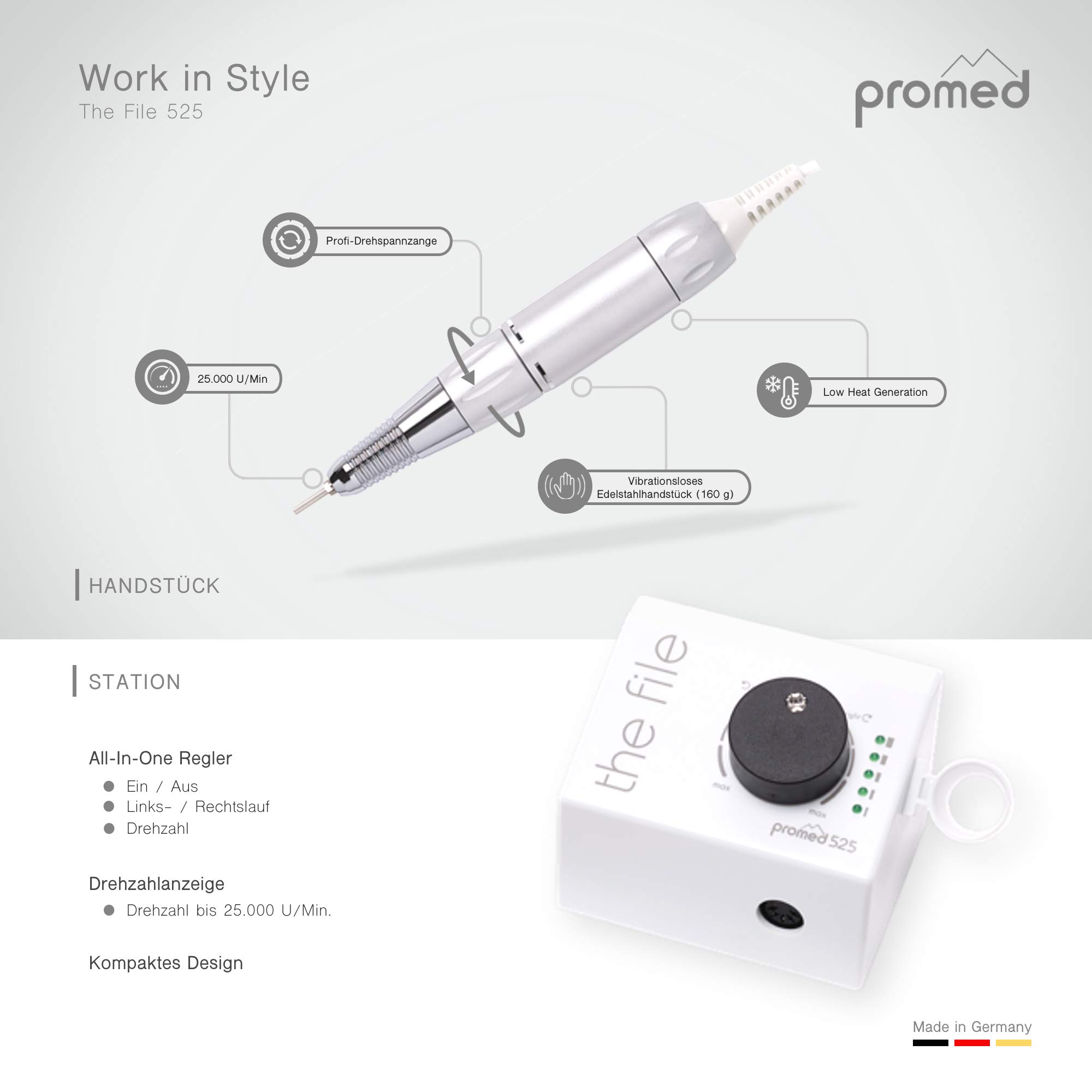 Promed – Nagelfräser The File 525 Rechts- & Linkslauf – Elektrische Nagelfeile stufenlos bis 25000 U/min – Profi Nail Drill für Gel-, Acryl- & Naturnägel – Für Maniküre/Pediküre, Nailart/Nageldesign