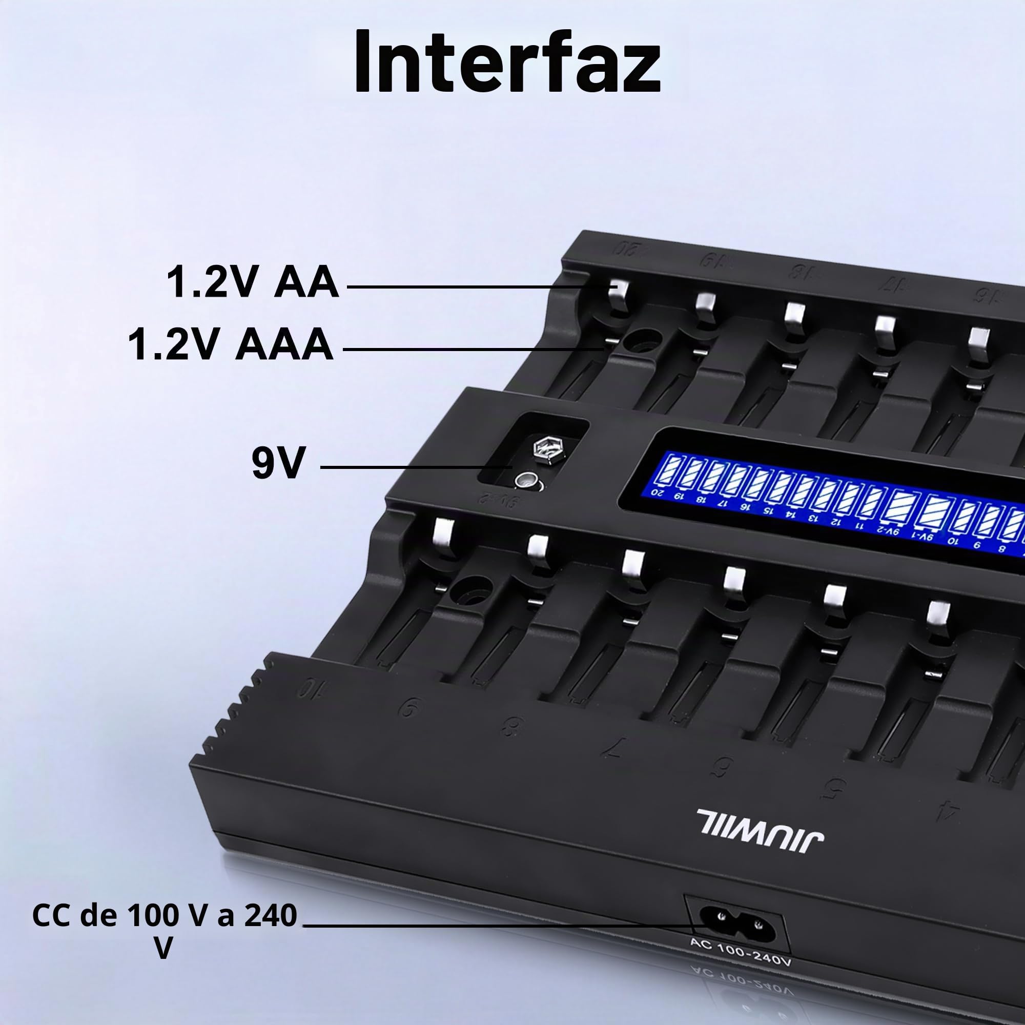Cargador de Pilas AA AAA con 20+2 Ranuras con Pantalla LCD | Cargador inteligente, apto para baterías recargables de iones de litio, LiFePO4, RCR123, 18650, 26650, 10440, 14500 y 9V