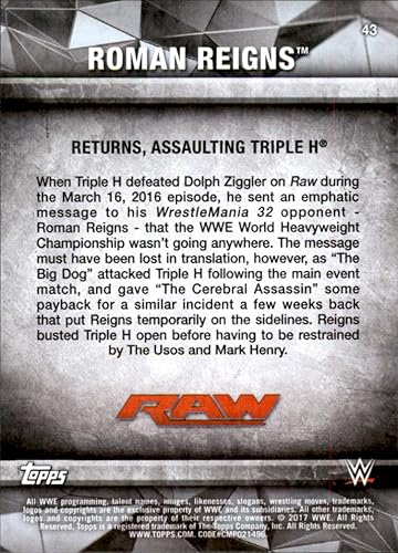 Miniatura 2 de 2017 Topps WWE Road to Wrestlemania #43 Roman Reigns Returns, Assaulting Triple H