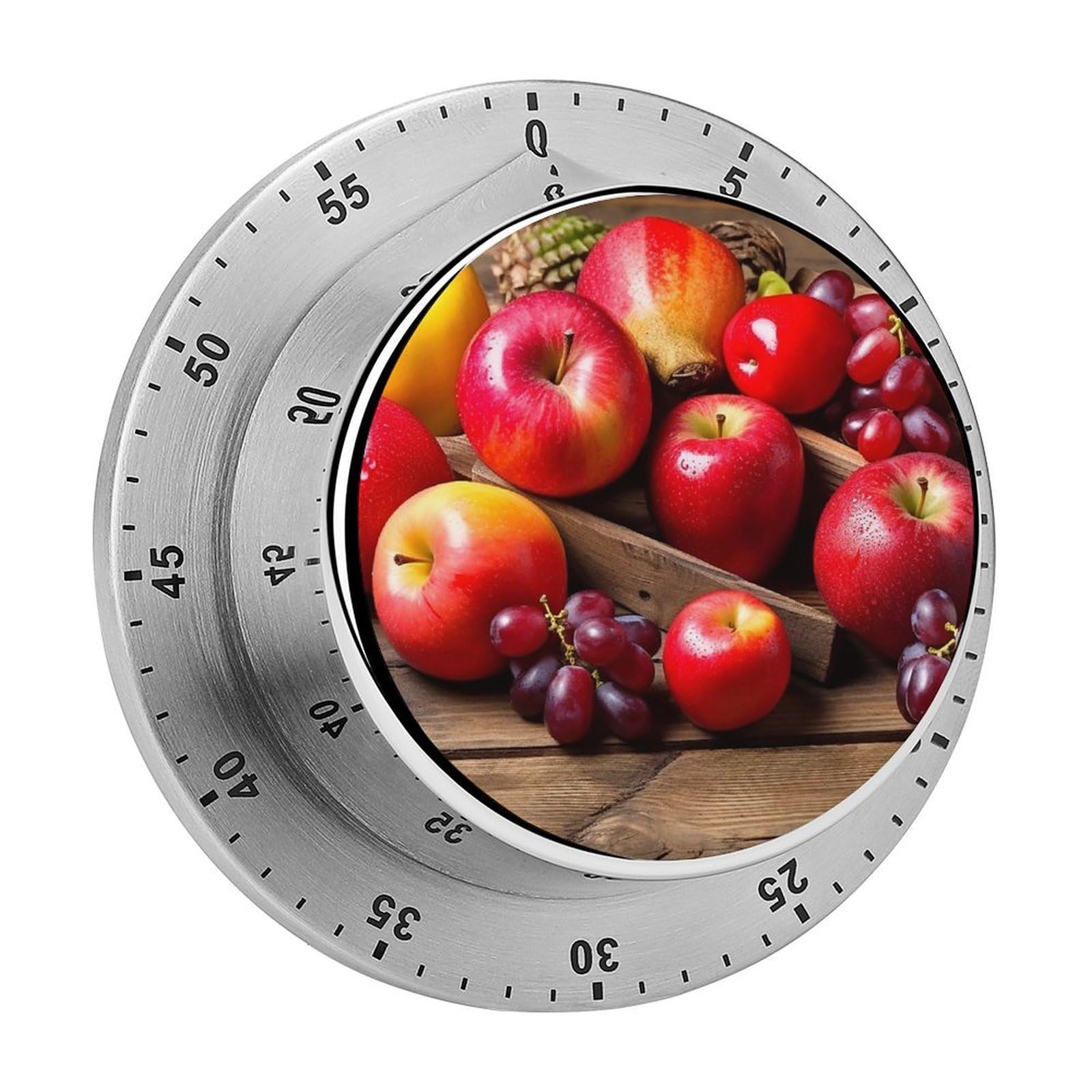 Minuteur fruits en acier inoxydable sur socle bois, accessoire magnétique durable