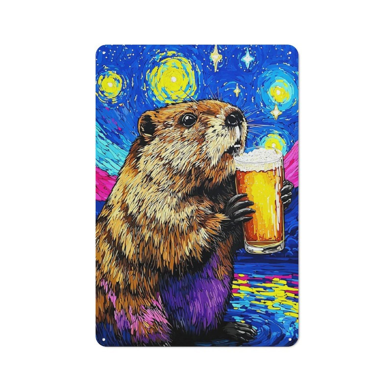 Junmoney Beaver Drinking Beer Artwork Tin Wall Plaque 30X20cm With For Home Bar Wall, For Kitchen And Home Bar Decor, For Home Office And Studio Walls