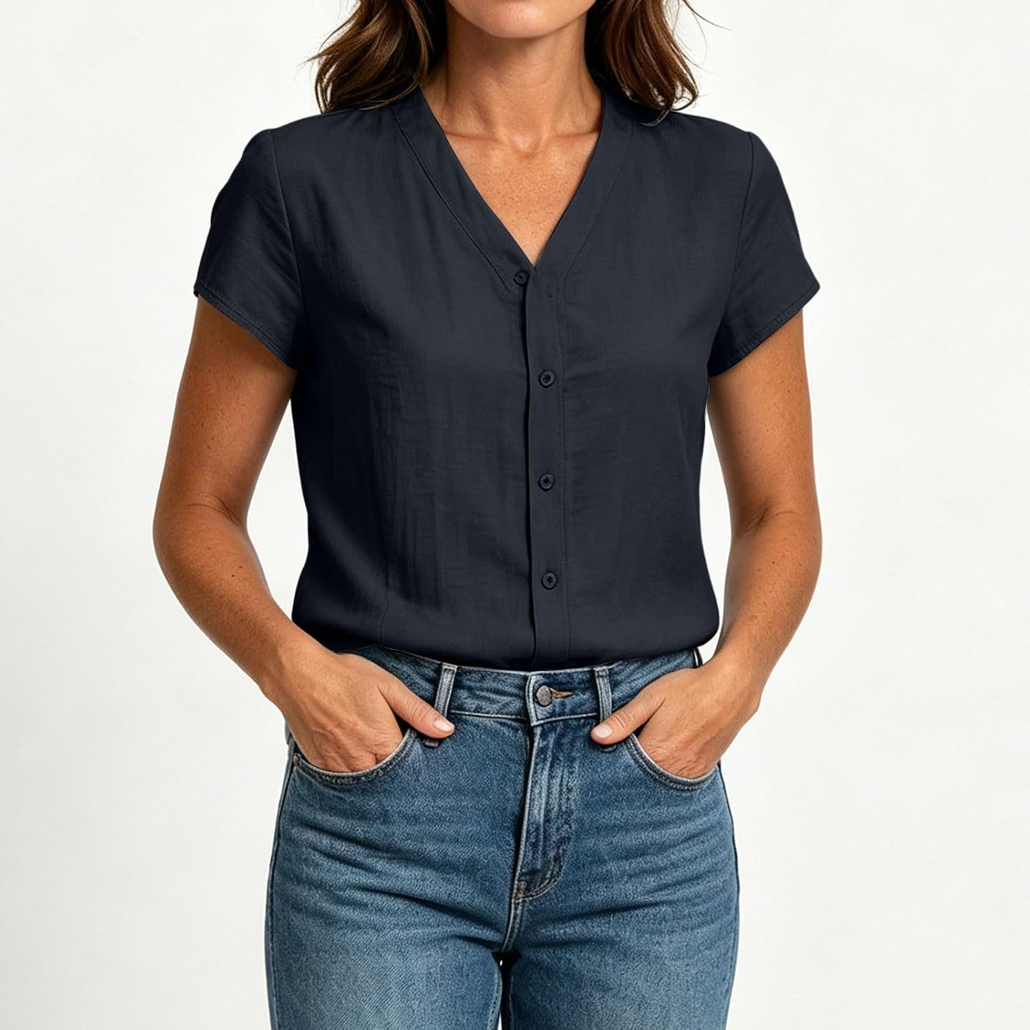 Womens Cotton Linen Button Down Shirts Short Sleeve V Neck Collarless Blouses Summer Casual Fitted Tops