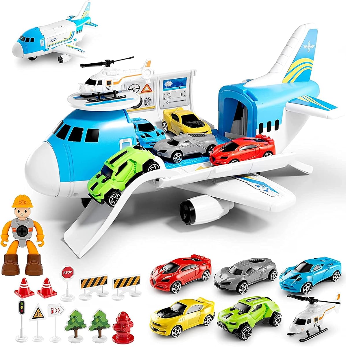 Juego de juguetes de avión, transporte, avión de carga, juguete de regalo para niños de 3, 4, 5, 6 años, juguetes para vehículos de avión con 5 mini coches, helicóptero y trabajador de la construcción