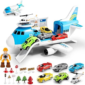 LOVE LIFE Airplane Toy Set Transport Cargo Plane Play Toy Gift for 3 4 5 6 Years Old Boys Girls Kids,Aircraft Vehicle Toys with 5 Mini Cars,Helicopter and Construction Worker