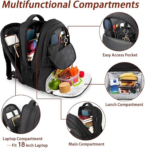 Miniatura 3 de MATEIN Mochila de almuerzo para hombres, mochila térmica grande de 18 pulgadas con puerto de carga USB, resistente al agua para laptop con bolsa de