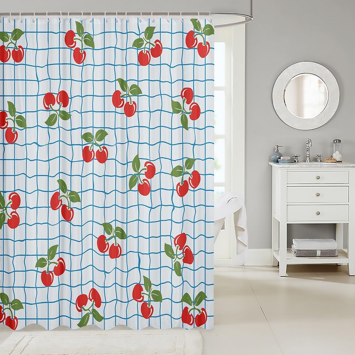 jejeloiu Cute Cherry Bathroom Waterproof Accessories with 12 Hooks Cherry Fruit Shower Curtain for Kids Boys Girls Blue Grid Plaid Print Fabric Shower Curtain Kawaii Watercolor Curtains,72x78 Inches