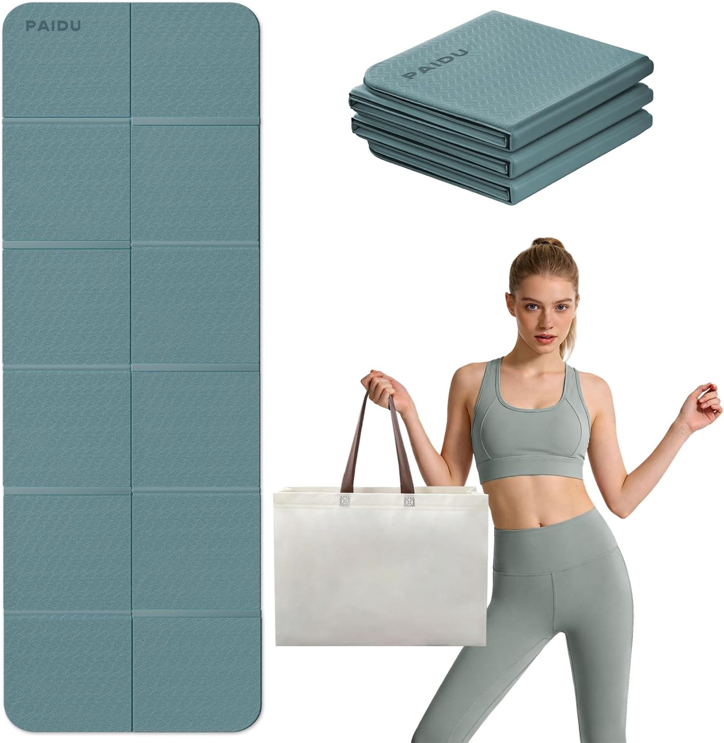 Foldable Yoga Mat for Travel, 70"x24"x0.31" (8MM) TPE Double-Sided Non-Slip Pilates Mat with Carrying Bag for Yoga, Pilates, Fitness and Home/Outdoor Workouts