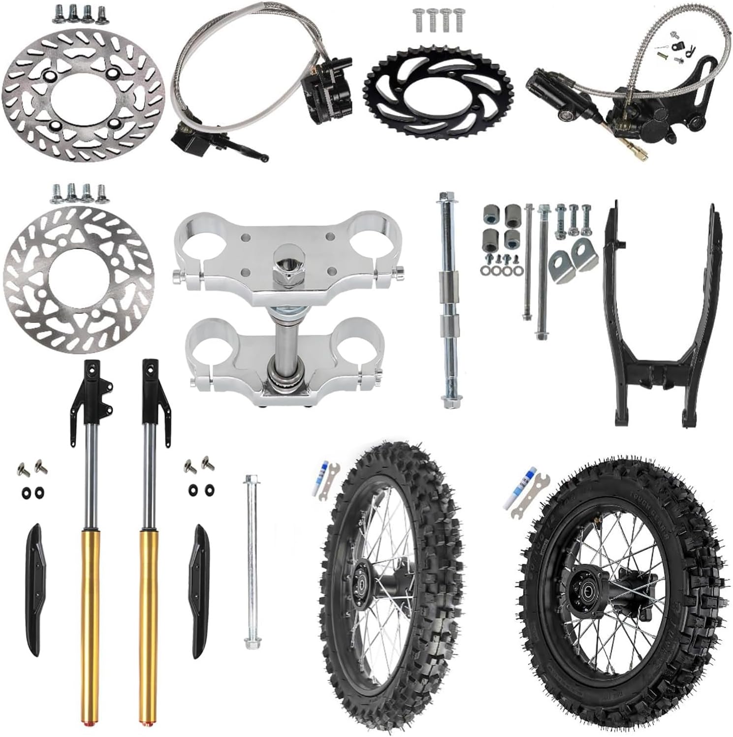 12" 14" Pit Dirt Bike Front & Rear Wheel Set with Upside Down Fork & Swingarm Kit – 60/100-14 Front and 80/100-12 Rear Wheel, 630mm 45/48mm Front Fork Suspension for Off-Road Motorcycle Motocross