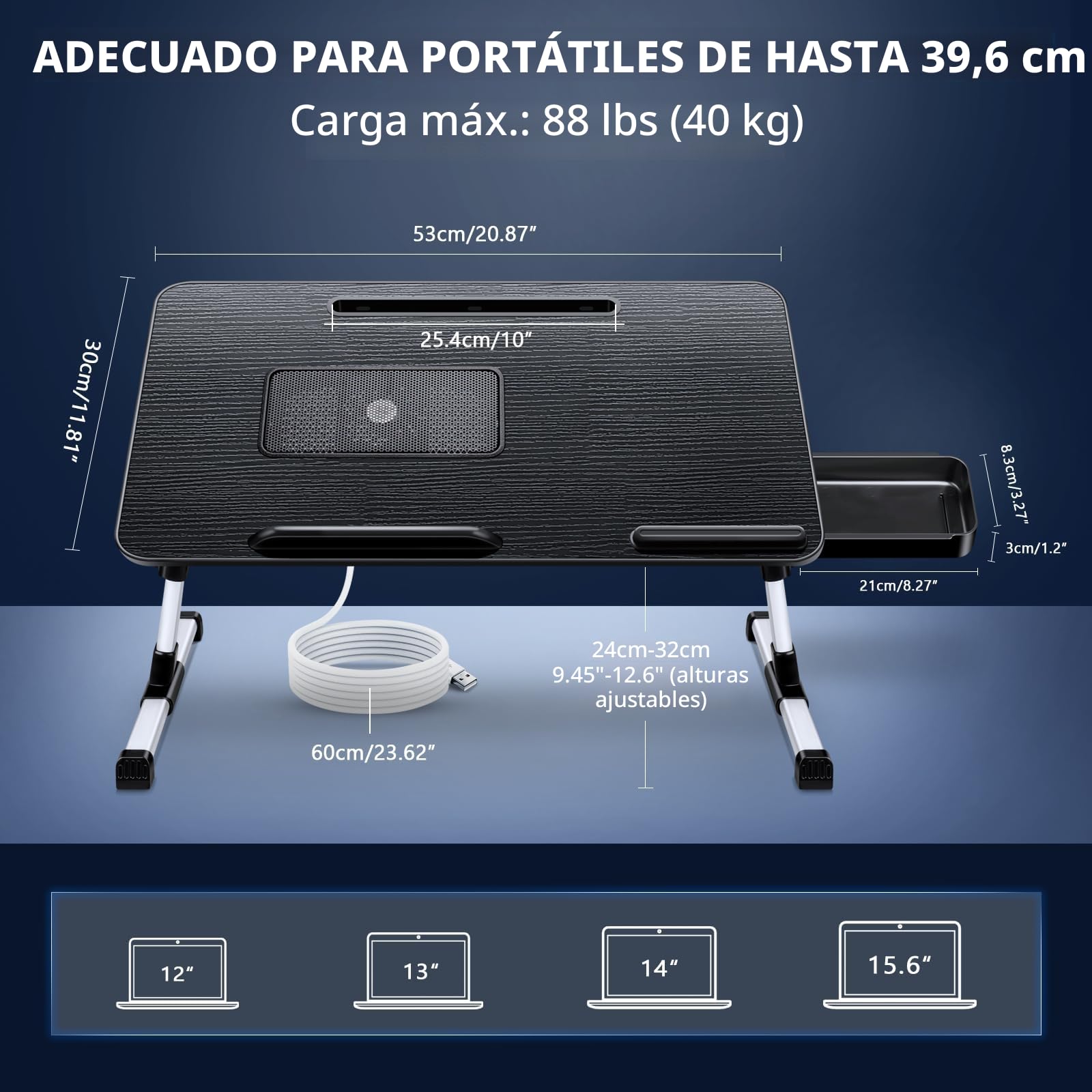 ICARE Mesa Cama, Mesa Portatil Ordenador con Refrigerador Portatil, Soporte de Tableta y Cajón, Mesa Plegable Regulable en Altura y Ángulo, Bandeja para Cama, Sofa, Suelo (53 x 30 cm, Negro)