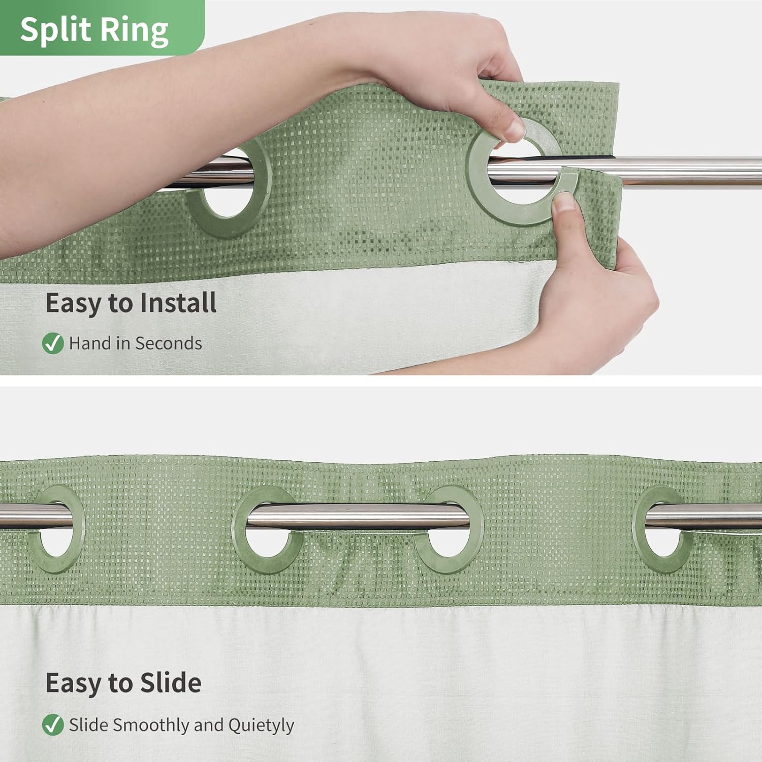 eachope No Hook Waffle Weave Shower Curtain with Snap-in Fabric Liner Set,Sage Green Shower Curtains for Bathroom with See Through Top Window,Water Repellent & Washable,71Wx74H
