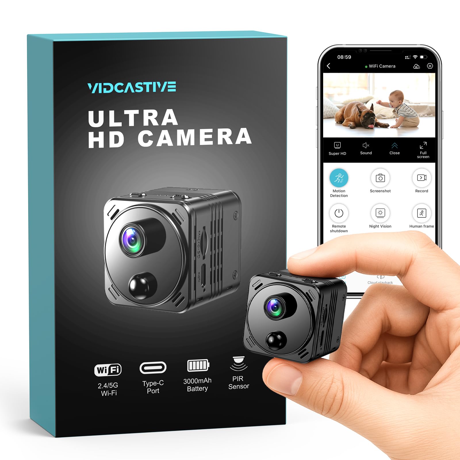 4K Mini Hidden Camera Dual-Band 2.4/5GHz WiFi Indoor Security Camera with AI Human Detection, Night Vision, Cloud/SD Storage, Up to 150 Days Standby Battery Life