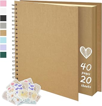 7x7 Inch DIY Scrapbook Photo Album, Spiral Bound Kraft Paper Memory Book with Stickers, 40 Pages Personalized Scrap Book for Wedding Guest Book, Baby, Travel, Anniversary, Kraft
