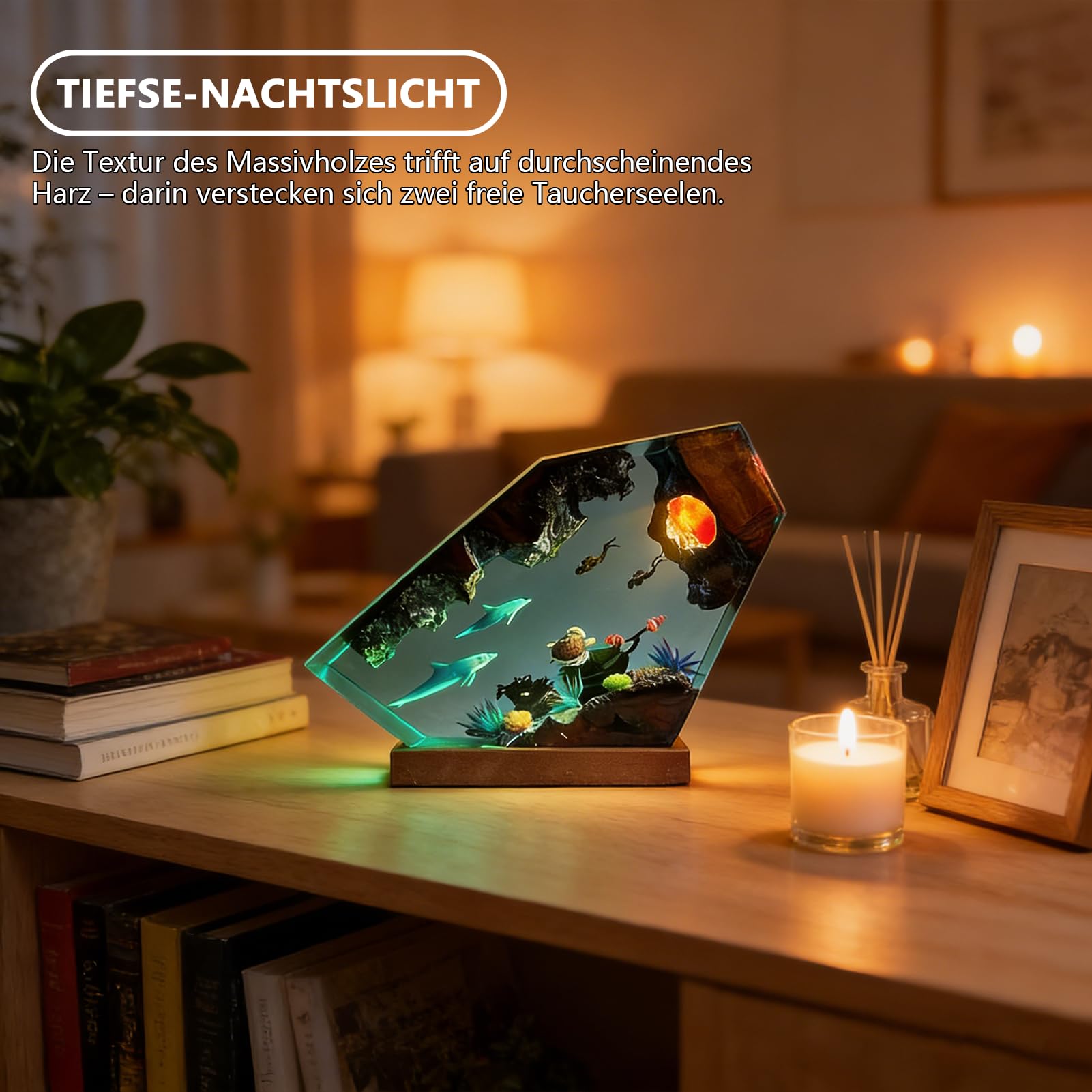 3D Harz Ozean Tier Figuren Nachtlicht,Epoxidharz Ozeanfigur Ornamente mit Holzsockel,Marine Statue Dekoration,LED Ozean Nachtlichter Unterwasser Szene Taucher Hai Wale Schildkröte (Warmes Licht)