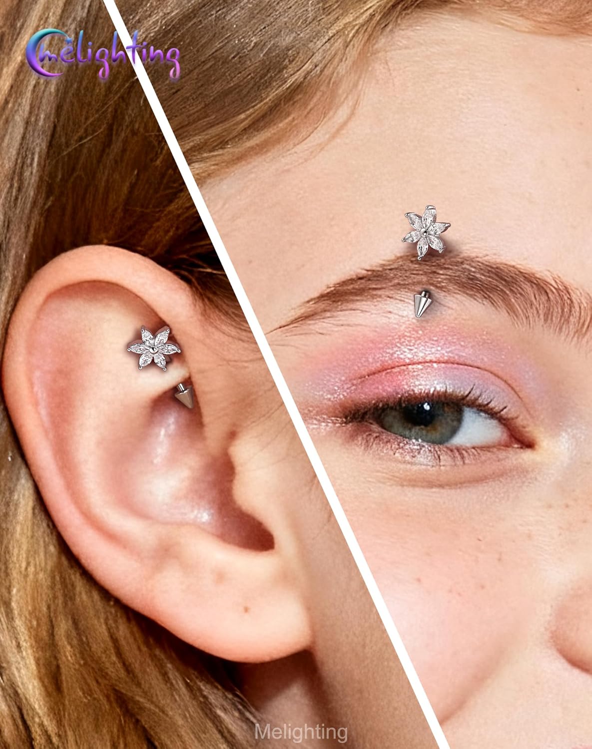 Melighting 16G Flower Rook Piercing Jewelry Surgical Steel 316L, Marquise CZ Eyebrow Ring, 8 mm Silver Vertical Labret Lip Jewelry, Lotus Cartilage Helix Earring for Women - Image 5