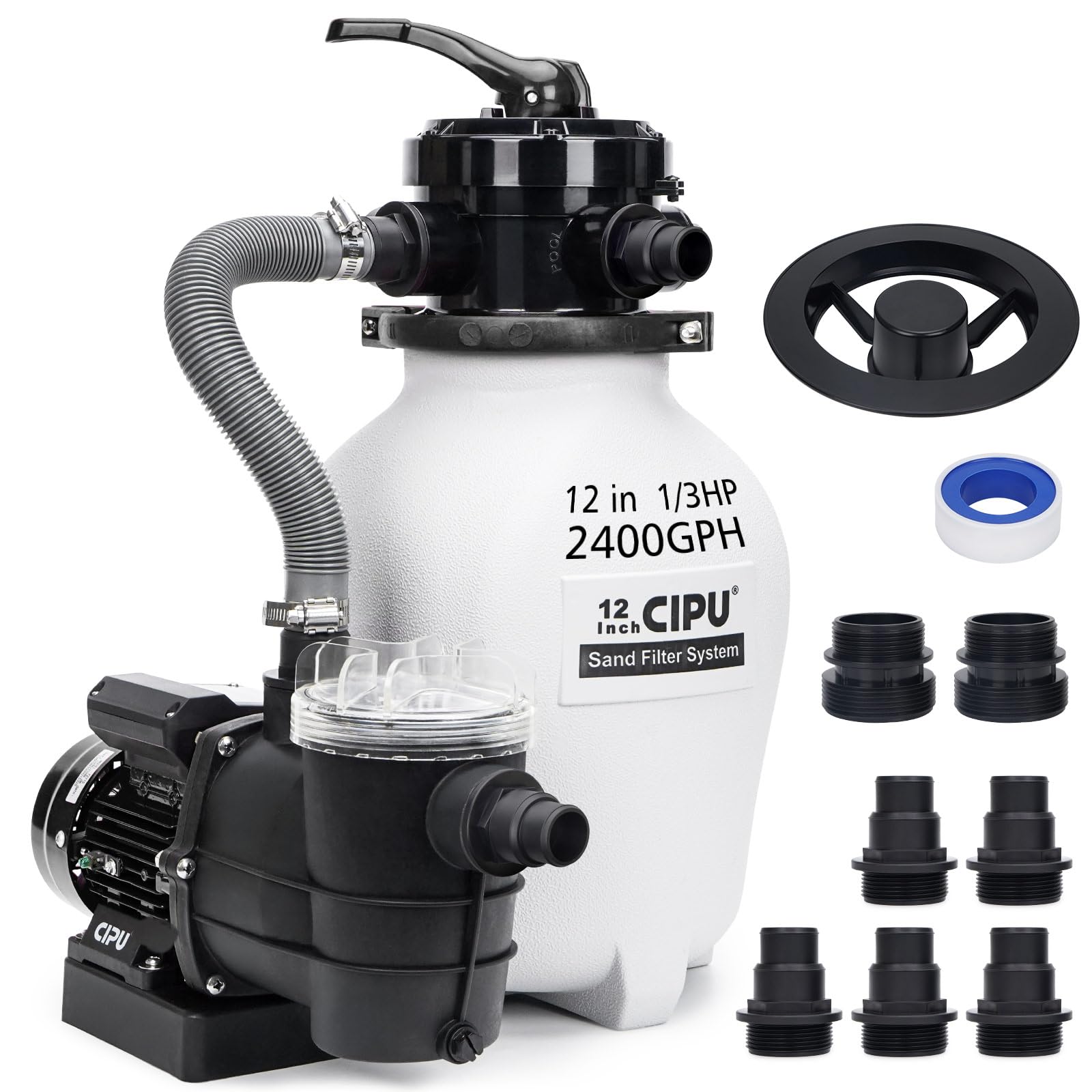 CIPU SFPS12501 Système de pompe à sable de 30,5 cm avec valve à 4 voies pour piscines hors sol avec préfiltre Pompe de piscine 115 V Cordon de 1,8 m pour installation facile