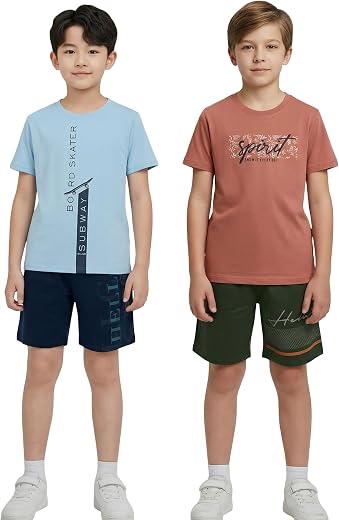 HELLCAT Boys Printed Round Neck T-Shirt with Shorts Set | Multicolor | Pack of 2