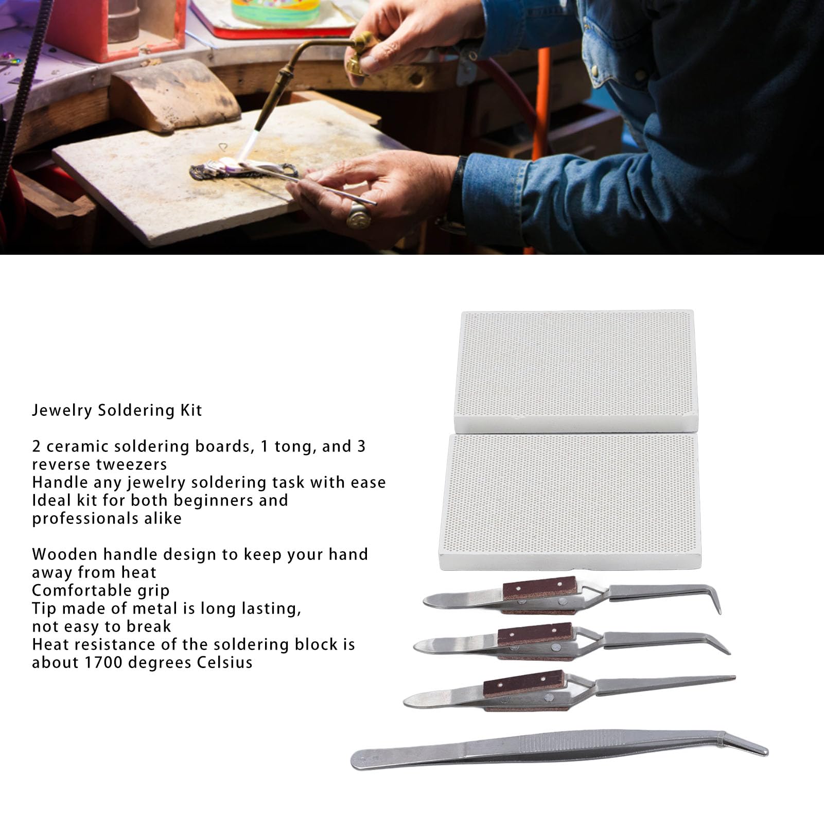 6PCS Jewelry Soldering Kit, Robust Withstand Heat Making Repair Block Plate Ewelers Melting Casting Tools with Tongs Tweezers for Beginners