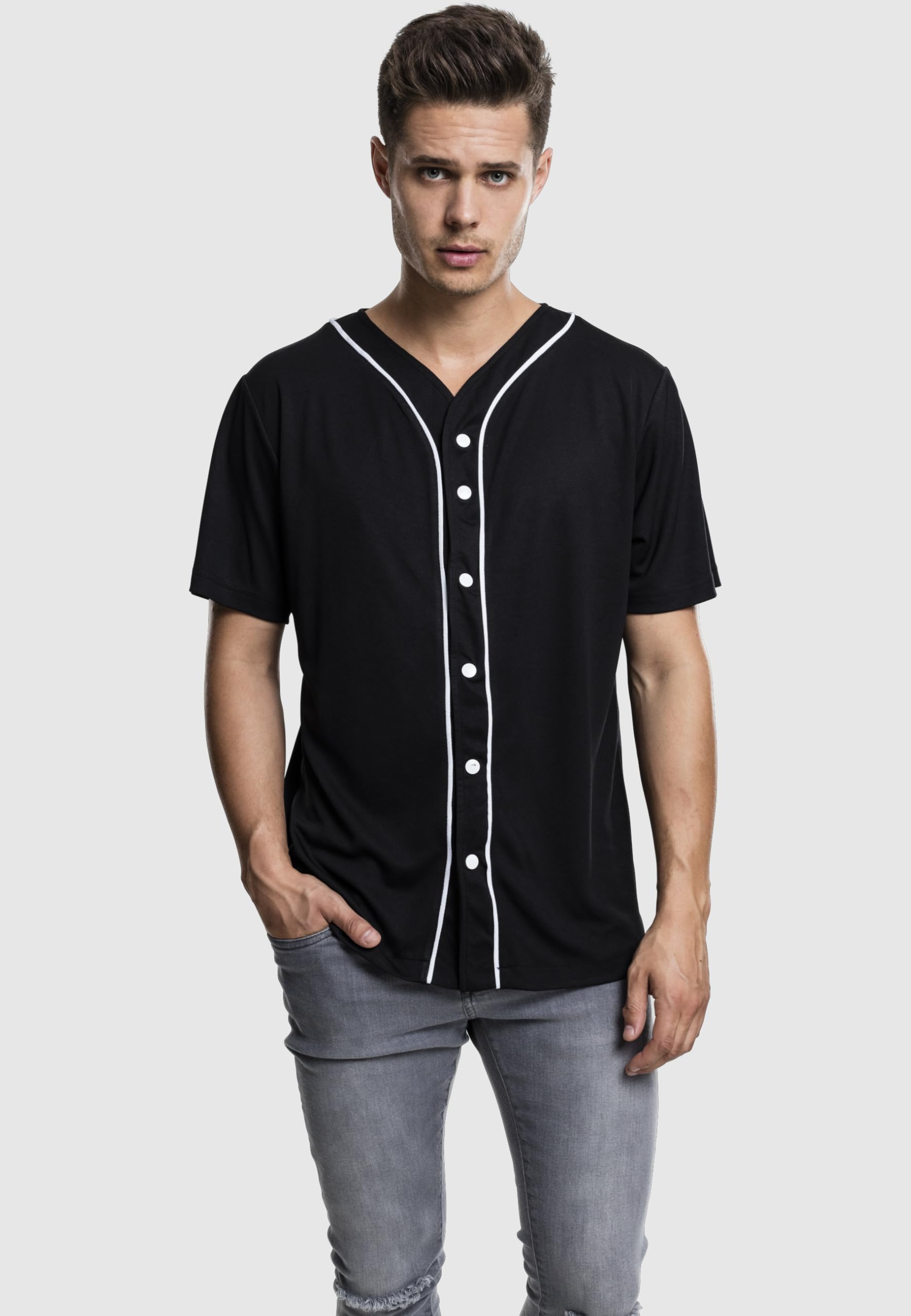 Urban Classics Koszula sportowa na co dzień, T-shirt w paski z krótkim rękawem z guzikami, dekolt w kształcie litery V, standardowy krój Mężczyźni Baseball Jersey