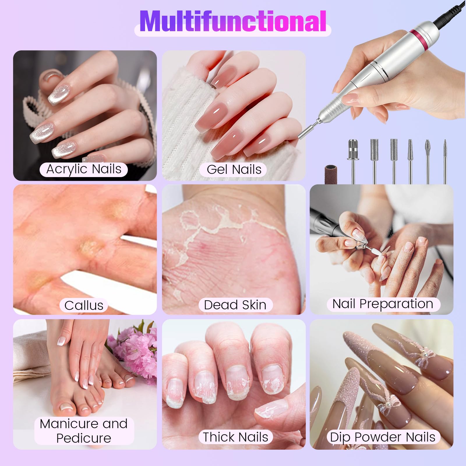 Fresa per Unghie Professionale 45000RPM, Fresa per Unghie, Lima Per Unghie Elettrica, Set Manicure e Pedicure Elettrico con display a LED, 6 Testine di Levigatura, Portable Nail File Kit per Salon