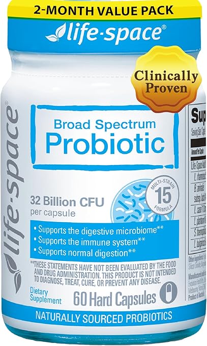 Life-Space Premium Broad Spectrum Probiotics, 2 Month Serving, 32 Billion CFU & 15 Diverse Strains, Formulated for Daily Digestive Health & Immune Health, Probiotics for Women & Men, 60 Veg Capsules