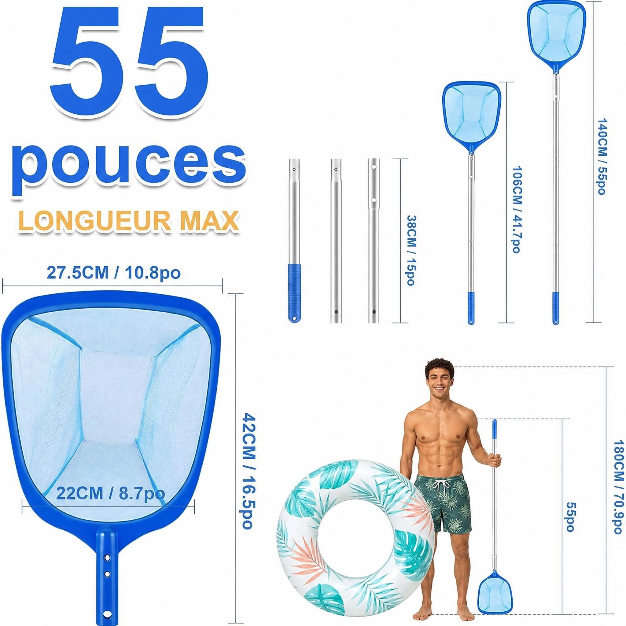 Épuisette de Piscine, 140 cm Epuisette Piscine Surface, Skimmer pour Bassin, Filet Piscine avec Télescopique en Aluminium Perche, Kit Nettoyage Professional pour Piscine, Fontaine, Étang, Spa
