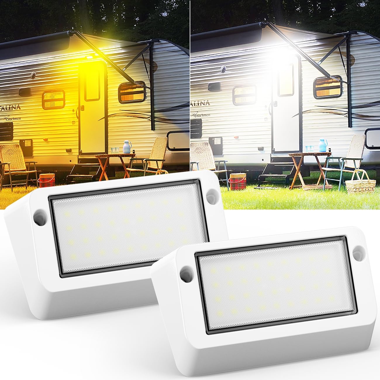 Safoner Aluminum RV LED Porch Light- Switchable White & Amber Lamp, 1400LM Brightness, IP67 Waterproof, 12-30V DC, Exterior Light for Campers,