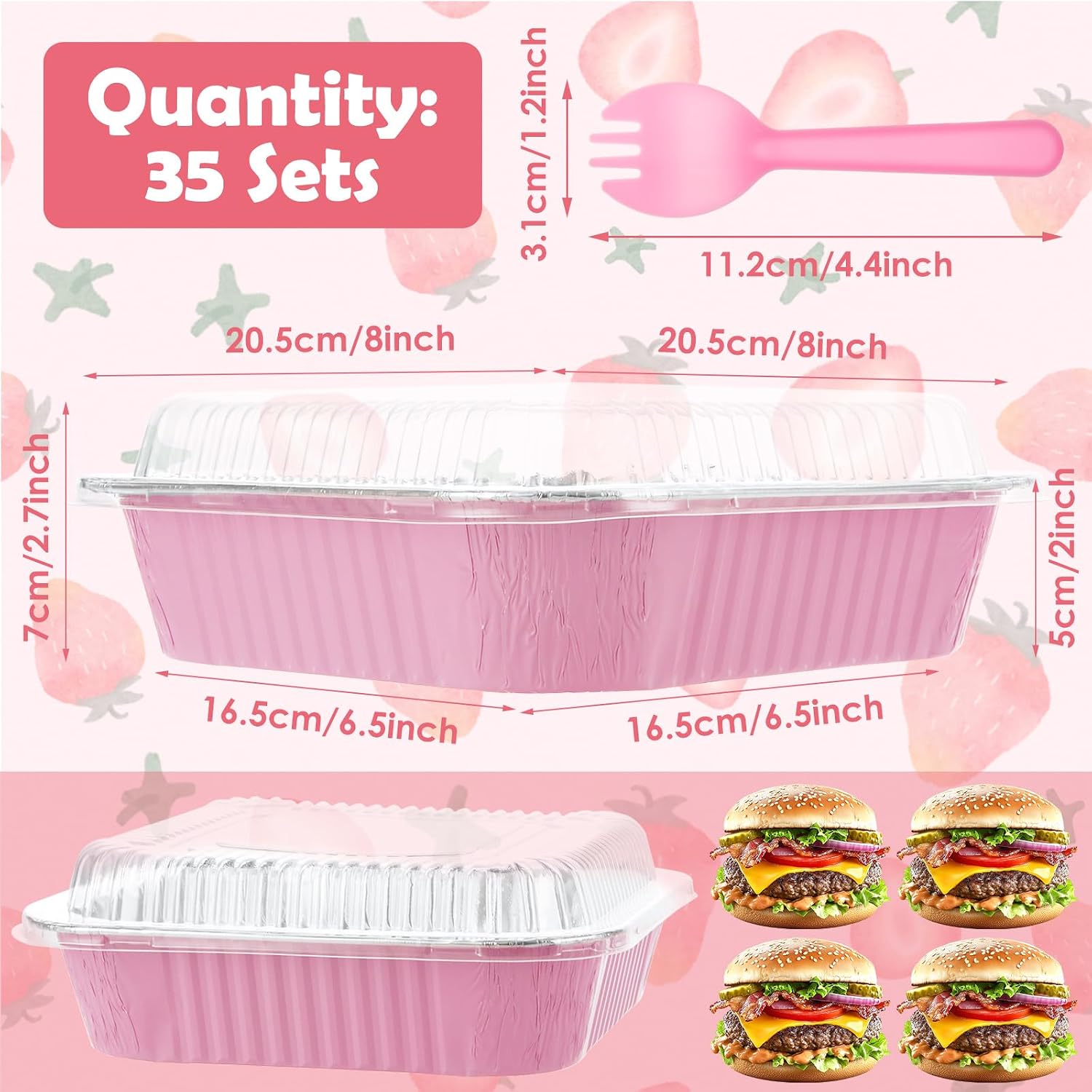 ASelected 35 Set Aluminum Foil Pans, 8x8 Pink Aluminum Pans with Lids, Spoon and Sticker, Disposable Mini Cake Baking Pans for Cake, Pudding, Bread