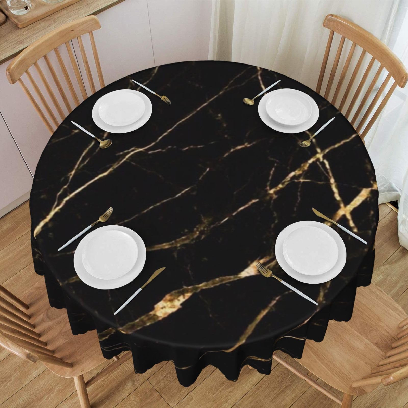DCEHGEW 60 In Round Tablecloth with Lace, Black rose gold Marble Printed Oilproof & Washable Fabric Picnic Table Cloth Table Covers