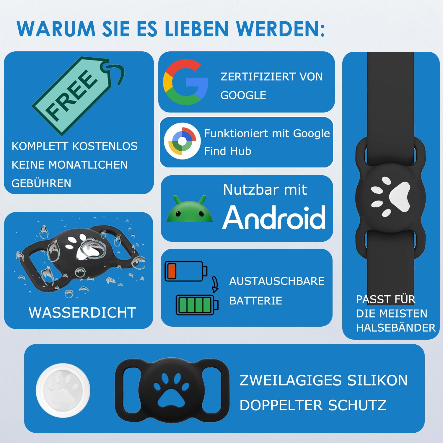 Haustier-Tracker für Android-Handys mit Halsbandhülle, Bluetooth-Tracker, austauschbare Batterie, IP68 wasserdicht für Hunde/Katzen, kompatibel mit Google Find Hub (nur Android, kein GPS), 1 Stück