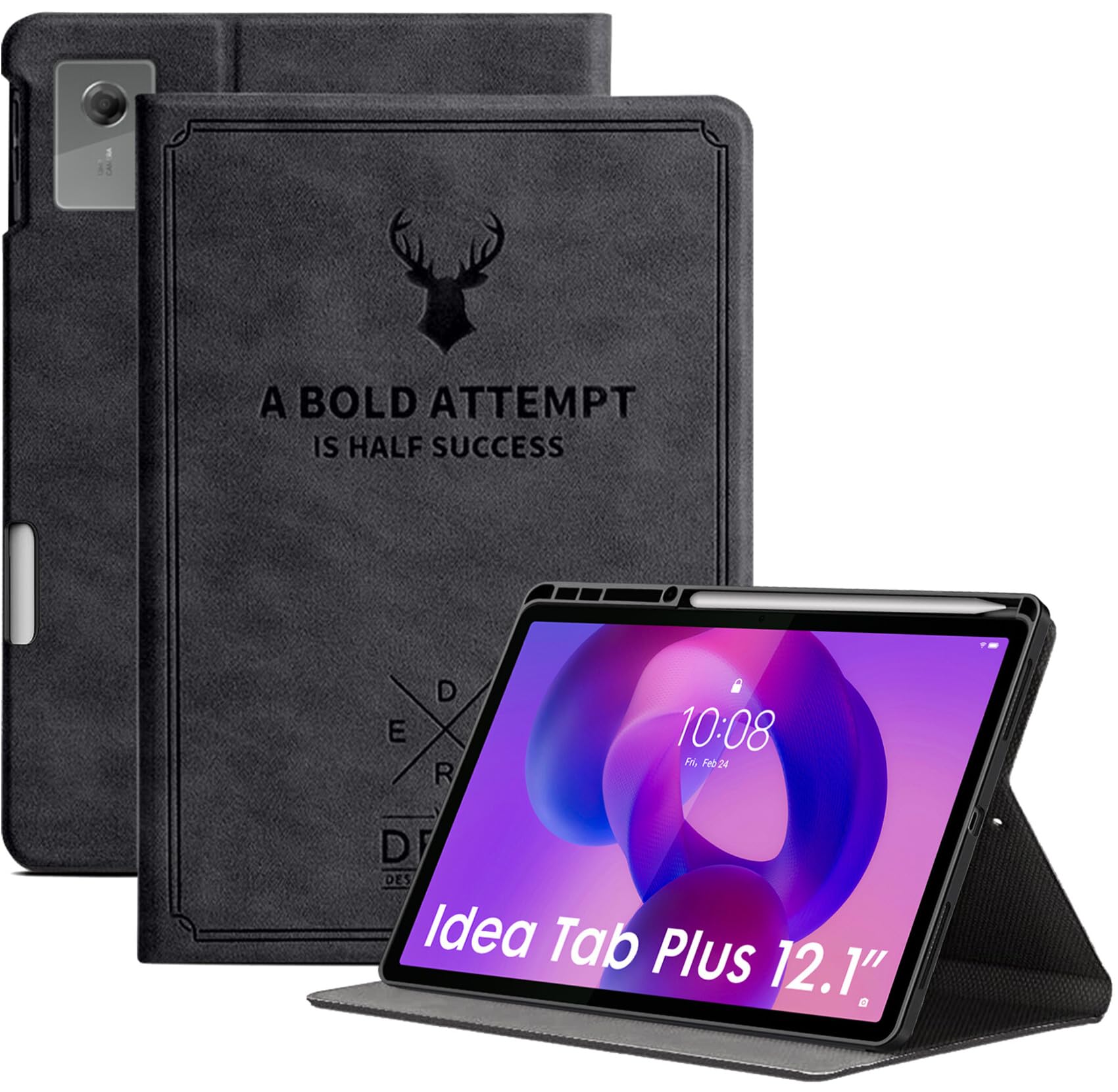 robustrion cover for lenovo idea tab plus 12.1 inch cover case with [pencil holder], deer flip cover case for lenovo idea tab plus tablet cover [auto sleep wake support] - black