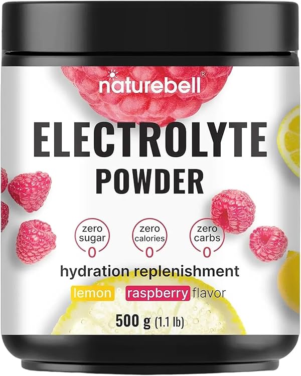 Polvo de electrolitos NatureBell - 500 g - soporte de hidratación con minerales esenciales - soporte de energía y salud muscular* - sin azúcar y amigable con keto - polvo fácilmente mezclable - sabor limón y frambuesa