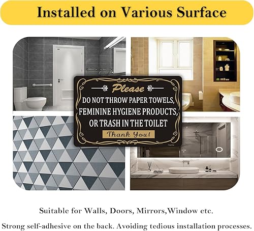 Miniatura 5 de Paquete de 2 toallas de papel, productos de higiene femenina o basura en el inodoro, 10 x 7 pulgadas, adhesivo autoadhesivo fuerte, letrero de