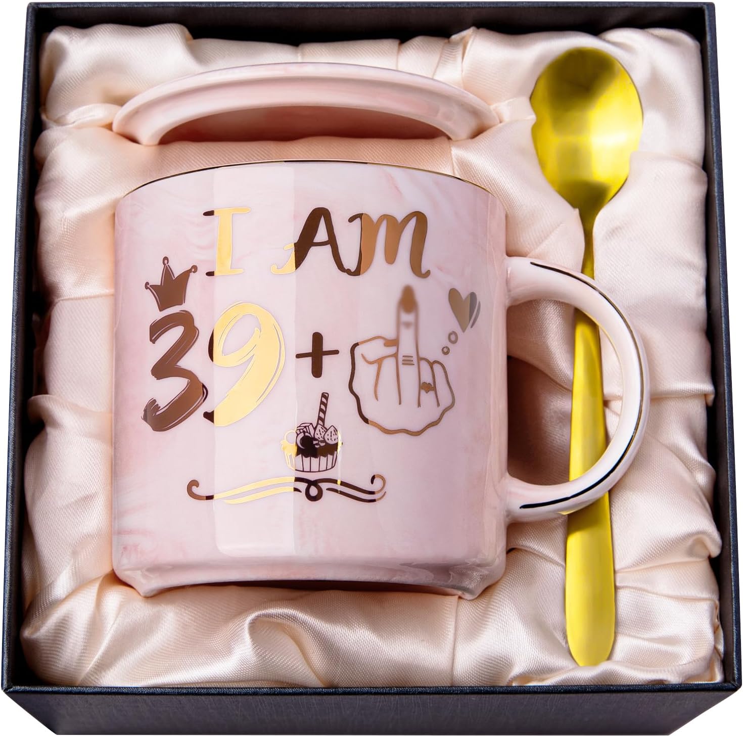 Funny 40th Birthday Gifts for Women - 14oz Pink Marble Ceramic Gold Print Coffee Mug with Cheeky “39+1” Design, Greeting Card & Luxury Gift Box, Celebrating Her Fabulous 40th with Humor and Style