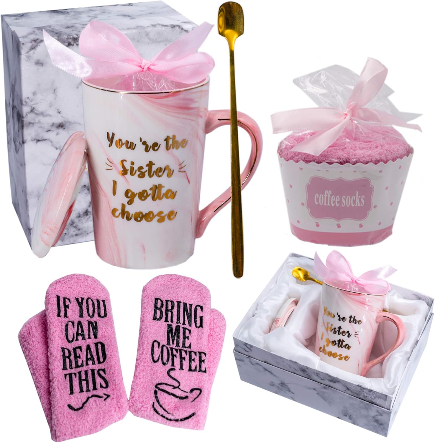 Greatest Product Mugpie You're the Sister I Got to Choose Mug - Birthday Gifts for Sister Sisters in Law Best Friend - Perfect Mother's Day Gifts- Pink Coffee Cup + Novelty Socks If You Can Read This,Bring Me Coffee