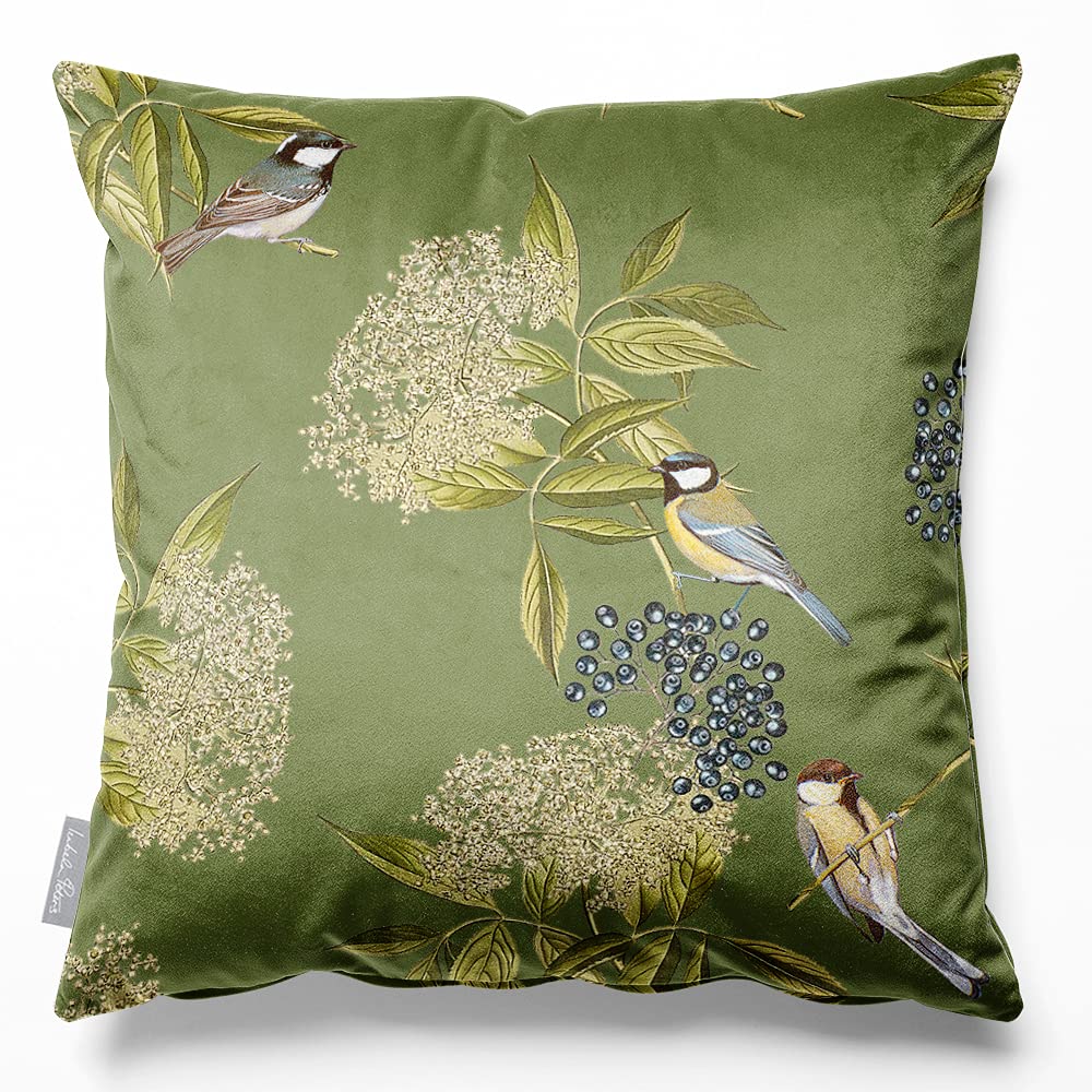 Izabela Peters Bird On Elderflower - Sage Eco-Friendly Velvet Cushions - Filled, 50 Cm, Chair & Sofa Seat Cushions With Covers Included