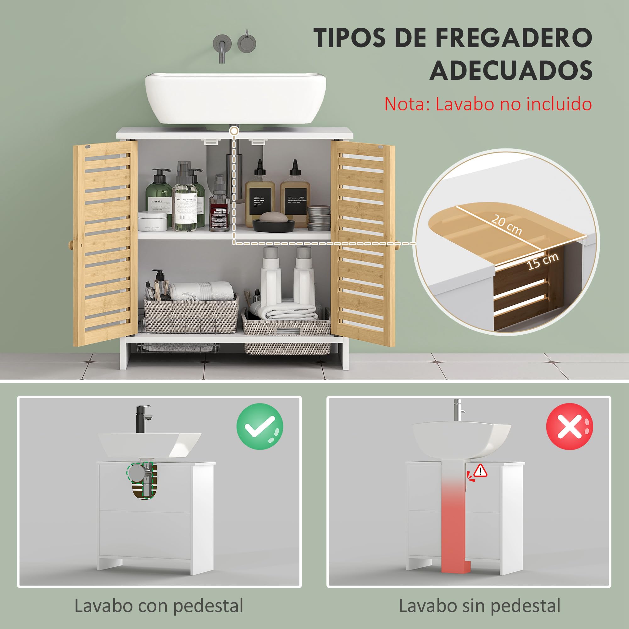 HOMCOM Mueble Bajo Lavabo con Puertas de Bambú 60x30x60 cm Blanco y Natural | Mueble para Debajo del Lavabo, Moderno, Puertas Magnéticas, Estante Ajustable