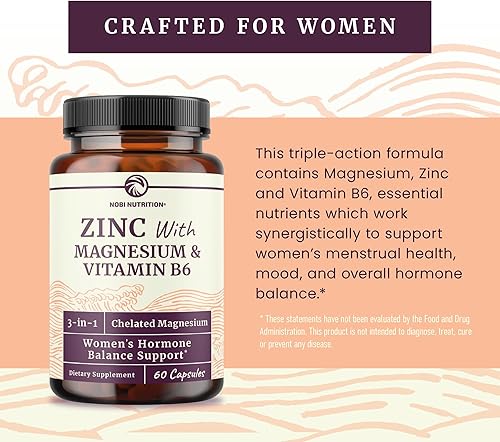 Miniatura 5 de Suplemento de zinc y magnesio con vitamina B6  Equilibrio hormonal femenino, ciclo menstrual y apoyo inmunológico  Glicinato de magnesio quelado de