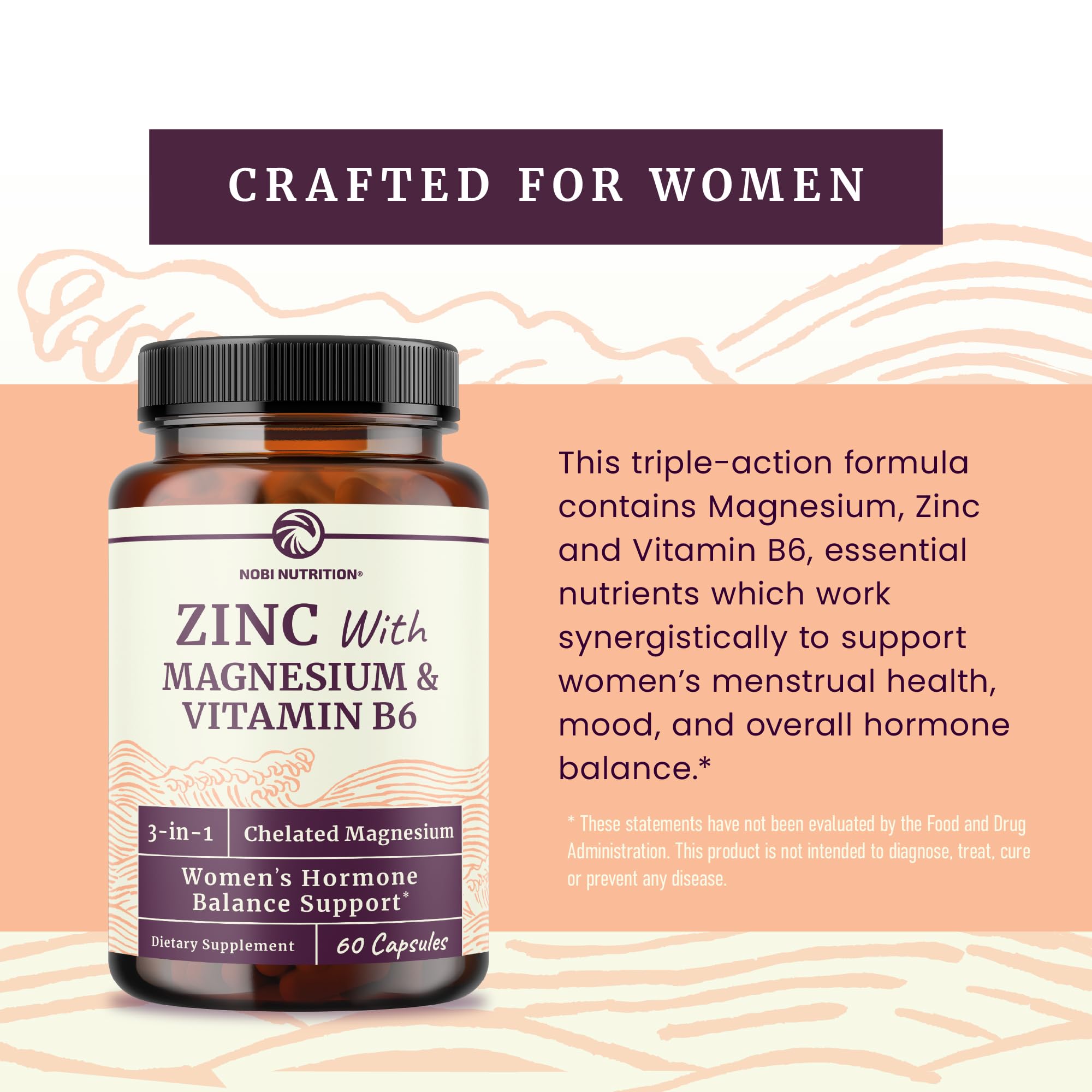 Zinc and Magnesium Supplement with Vitamin B6 | Women’s Hormone Balance, Menstrual Cycle & Immune Support | High Absorption Chelated Magnesium Glycinate with Zinc Picolinate and VIT B6 | 30 Ct.