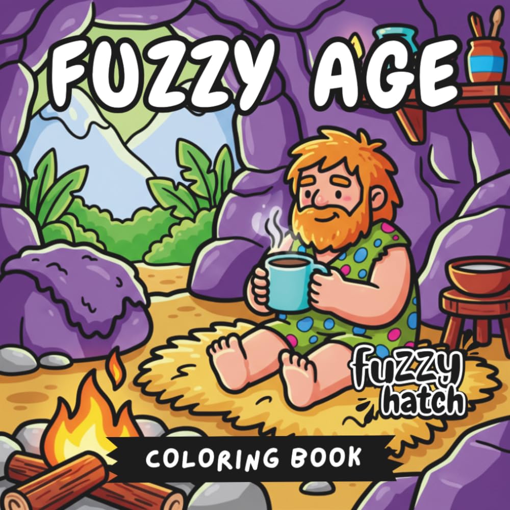 Fuzzy Age - A Bold and Easy Coloring Book: Cozy Caveman Adventures, Simple Prehistoric Scenes with Cute Dinosaurs and Primitive Life for Relaxation | Bold Lines for Adults, Seniors and Teens