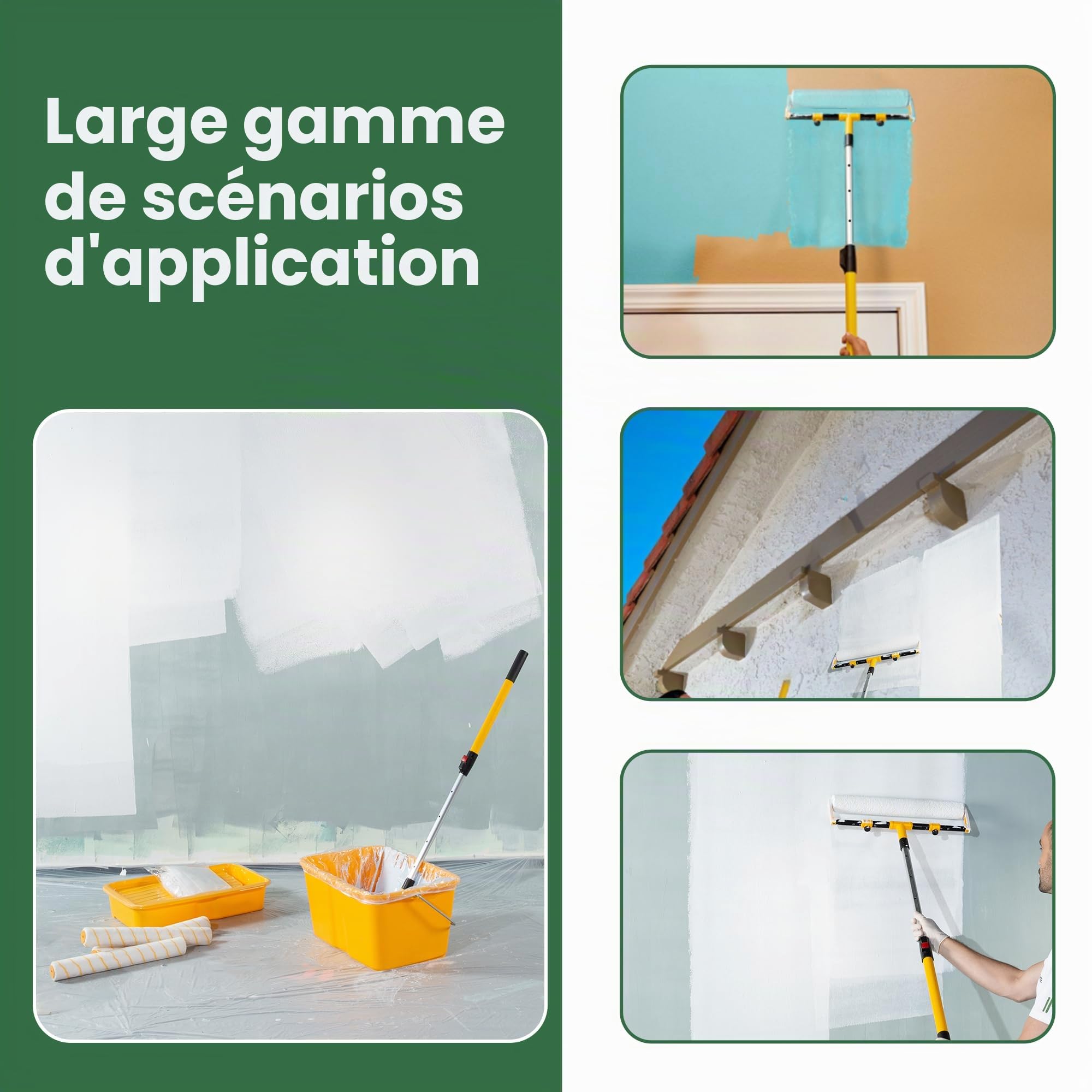 VOOMEY Kit de 13 rouleaux de peinture de 45,7 cm, seau de peinture de 45,7 cm et plateau de peinture, grand cadre de rouleau de peinture avec manche d'extension de 1 m, revêtement de bac à peinture