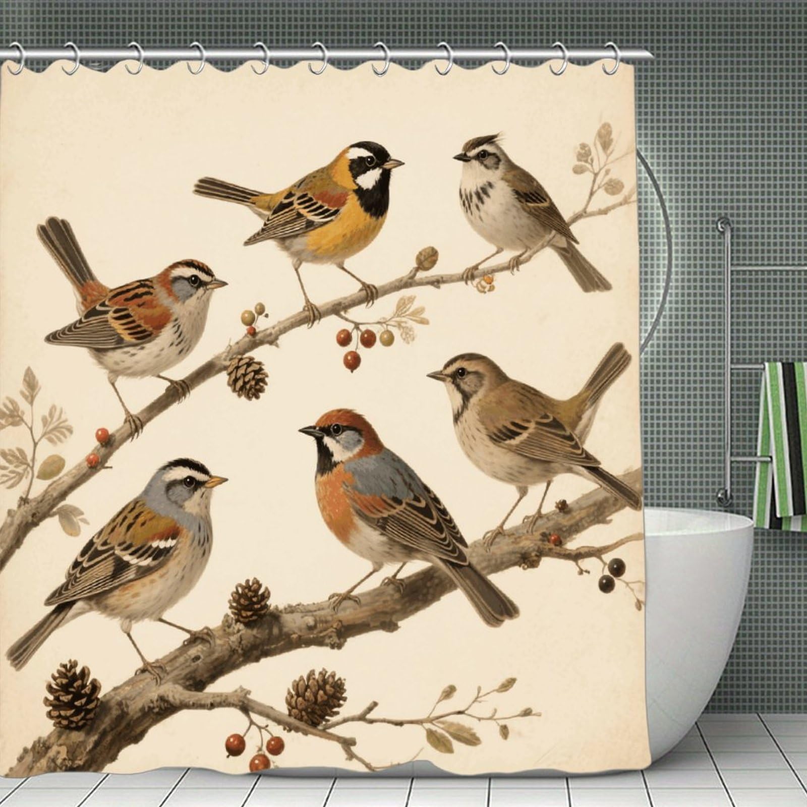 VstaDank Vintage Bird Shower Curtain Waterproof Bathroom Shower Curtain with C Type Hooks Soft Lightweight Shower Curtains Liner Washable Polyester Cloth Shower Liner 71x71 Inch