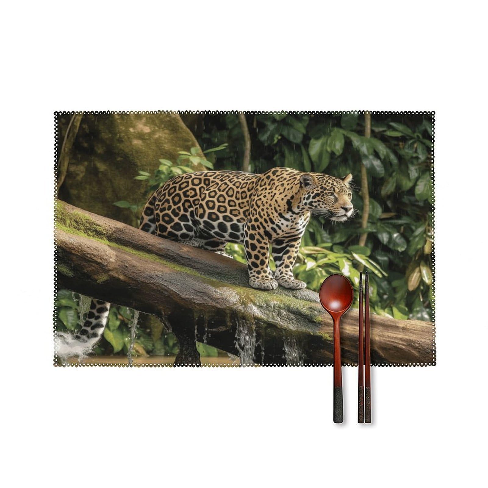 Jaguar Cat on Tree Trunk Waterfall Placemats Set of 6 Heat Resistant Non-Slip Place Mats Washable Wipeable Table Mats Elegant Farmhouse Placemat for Kitchen Dining Outdoor Party Table Decor