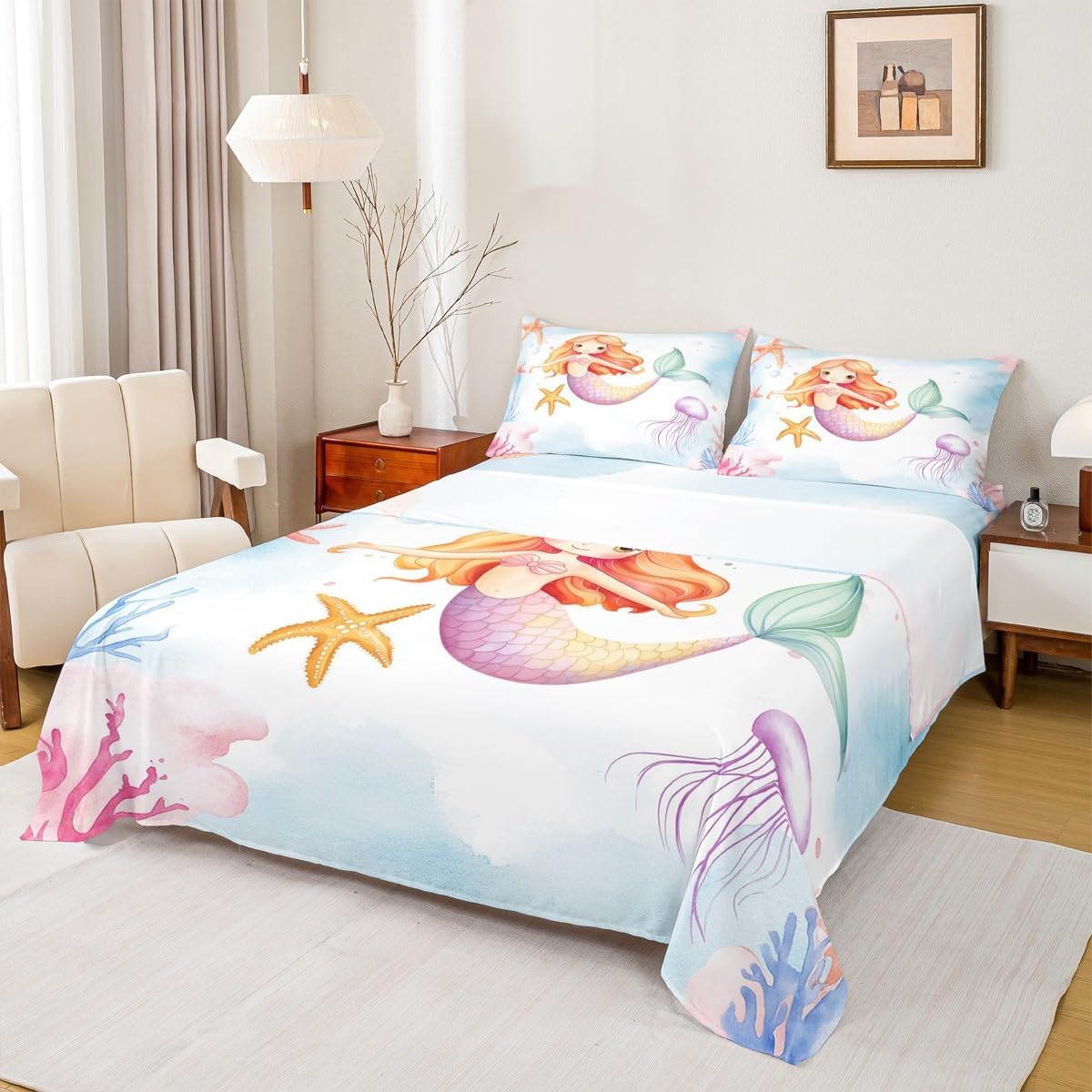 Erosebridal Ocean Bed Sheets Cute Kawaii Mermaid Queen Size Sheet Sets Coastal Beach Themed Sheets Grunge Blue Sheet & Pillowcase Sets Watercolor Underwater World Flat Sheet Mermaid Gifts