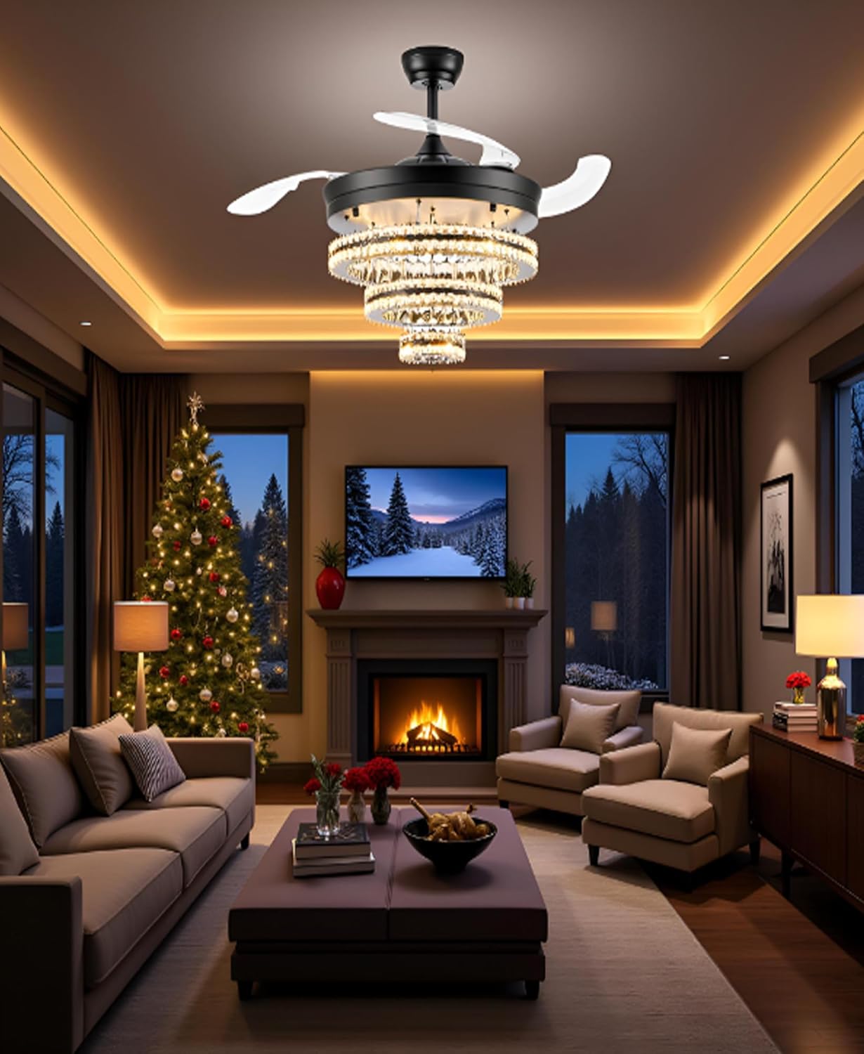 42-Inch Chandelier Ceiling Fans with Lights, Luxury Black Crystal Fandelier Ceiling Fan with Light and Remote Control, Quiet DC Motor, 6-Speed Reversible Chandelier Fan for Living Room, Bedroom