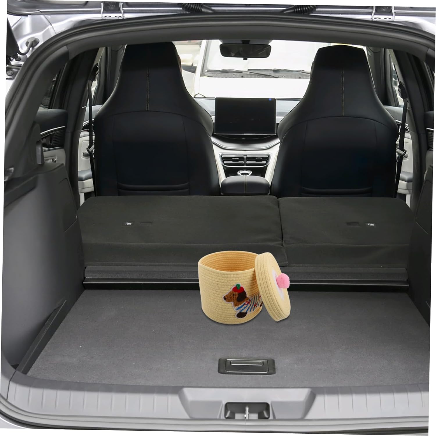 Cute Dog Woven Storage Basket with Lid Cotton Nursery Organizer for Pet Toys and Sundries Decorative Car Storage Bin for Vehicles