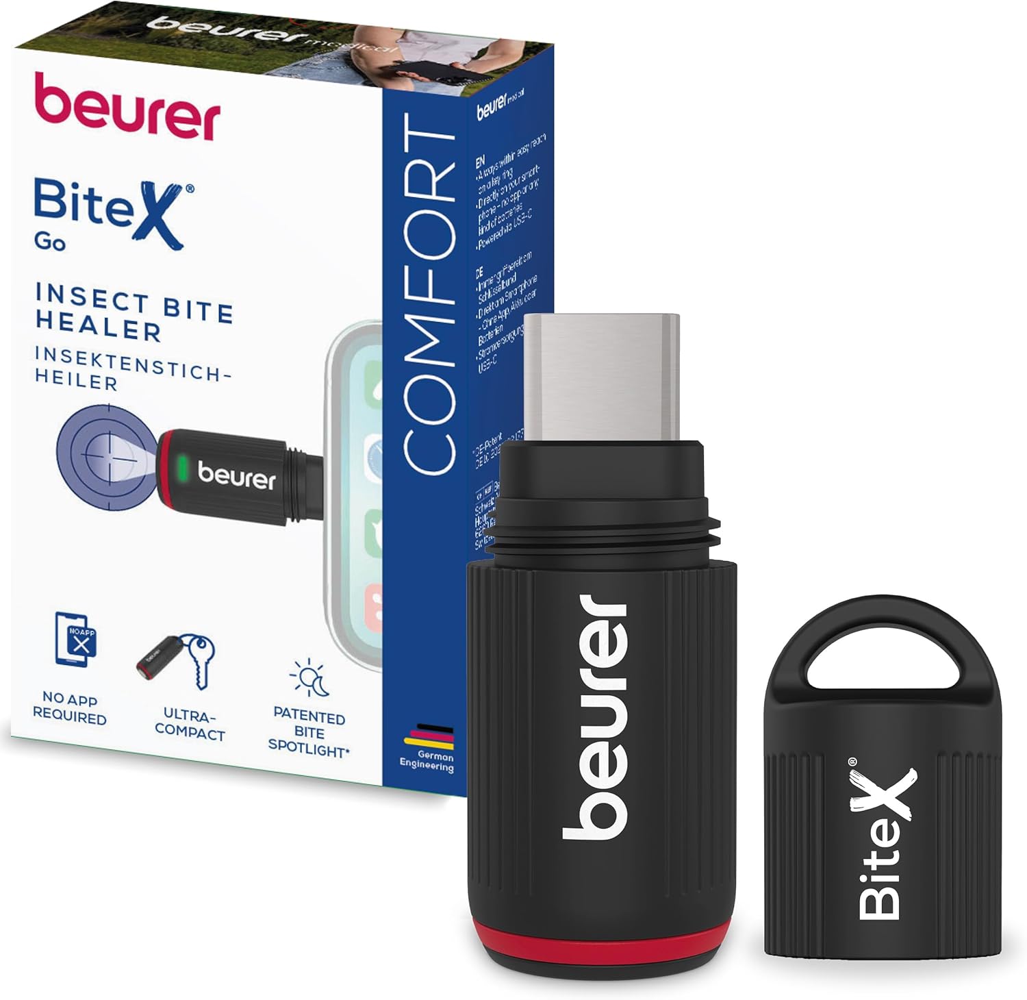 Beurer BiteX Go Dopopuntura per punture di insetti con connessione USB-C per smartphone Android e iPhone, trattamento con calore contro prurito, senza batterie, con luce integrata