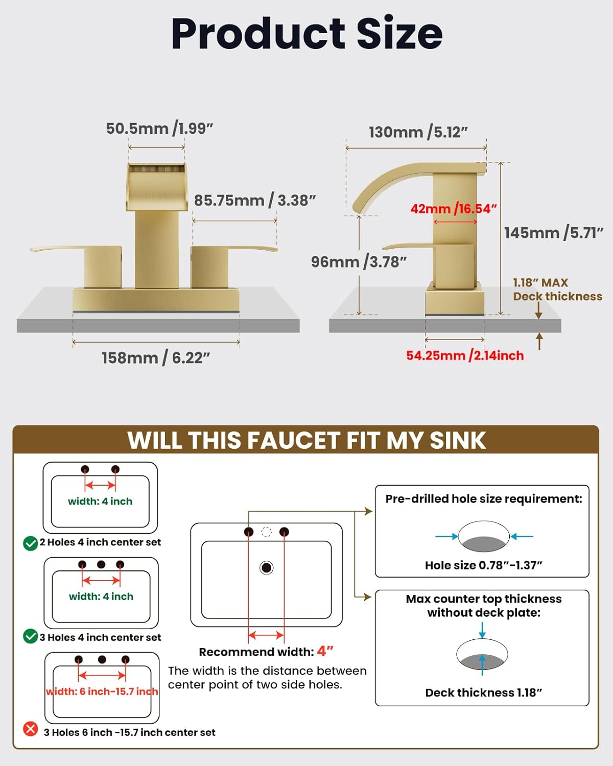 gotonovo Waterfall 4 Inch Centerset Bathroom Sink Faucet 2 Handle Basin Faucets 2 or 3 Hole Deck Mount with Pop Up Drain Included Lavatory Modern Mixer Tap Vanity Faucet Brushed Gold
