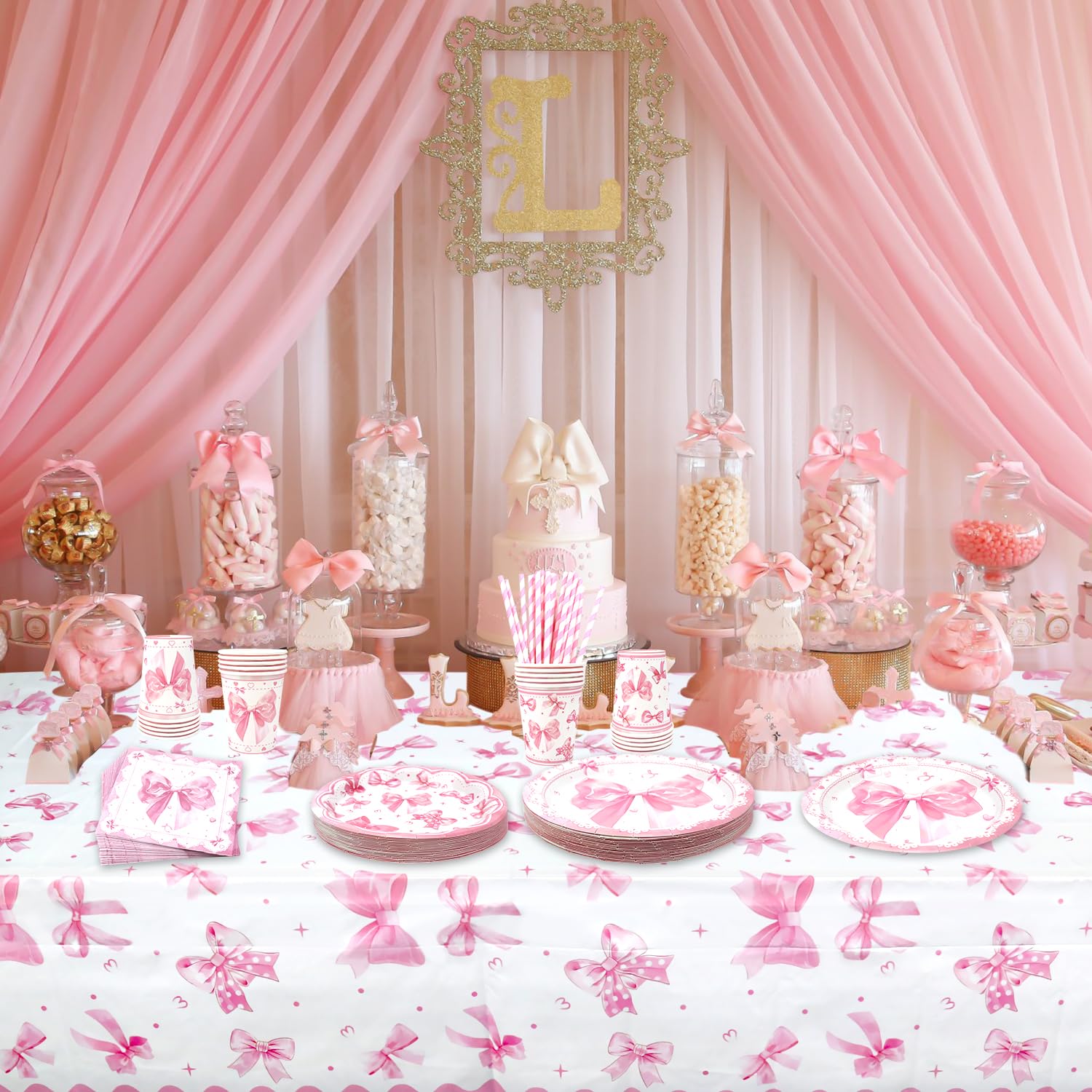 Pink Bow Baby Shower Tableware Set Serves 25 Pink Bow Baby Shower  Decorations Set - Complete Tableware Kit For 25 Guests With Plates, Napkins  \u0026 Banner Baby Girl Baby Shower Decorations, image size:1500x1500