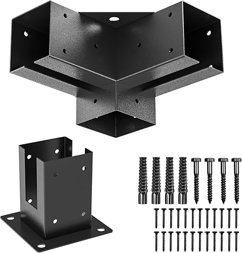 Kit de soportes para pérgola 4x4, soportes de esquina de carpintería con recubrimiento de polvo de 3 vías, 1 hombro de soporte y 1 base de poste de